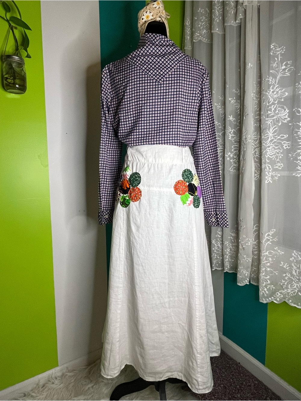 For Cynthia White Maxi Linen Skirt with Colorful Floral Appliqué